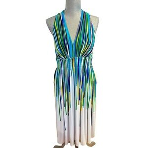 Calvin Klein EUC Colorful Fit & Flare Striped Halter Style Jersey Dress Size 10